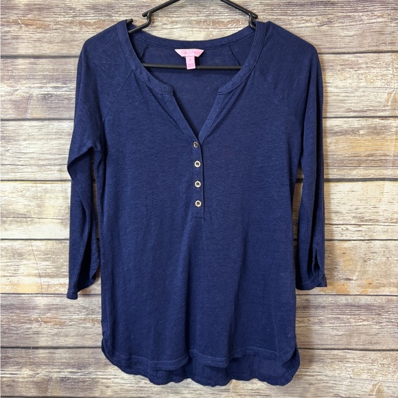 Lilly Pulitzer 100% Linen Long Sleeve Egret Top in True Navy Henley Shirt size S - Picture 3 of 7